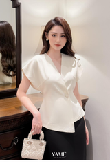 Áo nữ dáng peplum cổ V vạt lệch tay chờm vai nhiều màu đính cúc ngọc YAME AA182