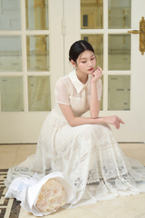 Váy nữ dáng dài tùng xòe vải ren guipure có họa tiết cổ sơ mi tay ngắn giả đai cách điệu YAME YV655