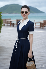Váy denim phối lưới kèm dây đai hoa YAME YV700