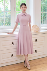Váy nữ dáng dài xếp ly màu hồng ngắn tay cổ vạt tròn đính cúc đá eo thắt đai nơ YAME YV634