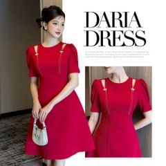 Váy nữ dáng A khoét vai đột chỉ phối màu đính nơ đá trang trí ngắn tay đen đỏ sang trọng YAME YV240