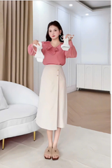 Chân váy nữ dáng A lệch tà cách điệu nhiều màu đính cúc đồng trang trí YAME YCV603