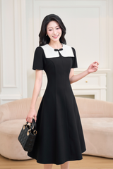Váy đen dài cổ đắp phối ren trắng đính nơ đá YAME YV666