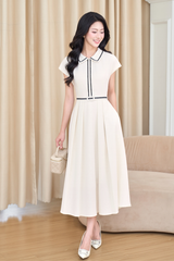 Váy nữ dáng A xoè nhẹ tay chờm vai cổ vạt nhọn viền đen tạo điểm nhấn kèm đai thắt eo YAME YV629