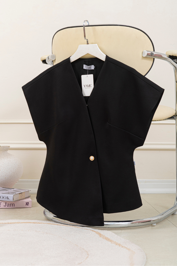 Áo nữ dáng peplum cổ V vạt lệch tay chờm vai nhiều màu đính cúc ngọc YAME AA182