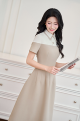 Váy nâu sữa phối trắng đính nơ eo YAME YV687