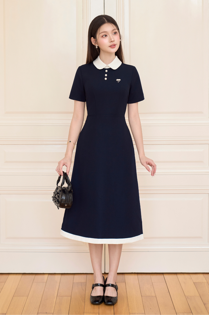 Váy nữ dáng dài cổ sen ngắn tay phối viền trắng đính cúc ngọc và nơ đá trang trí YAME YV620