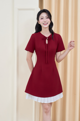 Váy A ngắn đỏ phối trắng thắt nơ cổ YAME YV652