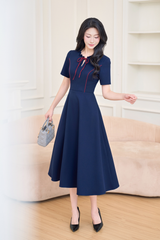 Váy dài xanh viền đỏ cổ nhún bèo thắt nơ YAME YV690