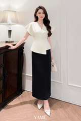 Áo nữ dáng peplum cổ V vạt lệch tay chờm vai nhiều màu đính cúc ngọc YAME AA182