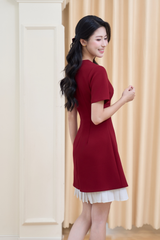 Váy A ngắn đỏ phối trắng thắt nơ cổ YAME YV652