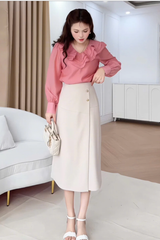 Chân váy nữ dáng A lệch tà cách điệu nhiều màu đính cúc đồng trang trí YAME YCV603