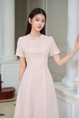 Váy nữ dài dáng xòe ngắn tay cổ tròn nhiều màu xếp ly ngực viền ren đính nơ trang trí YAME YV649