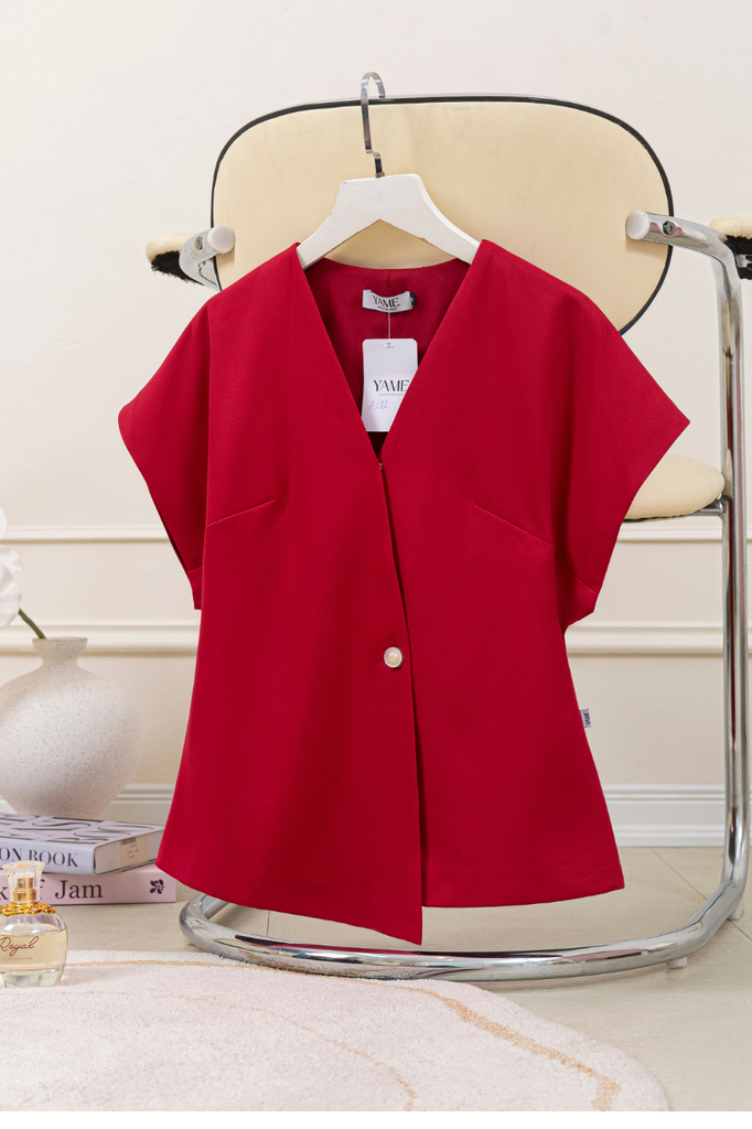 Áo nữ dáng peplum cổ V vạt lệch tay chờm vai nhiều màu đính cúc ngọc YAME AA182