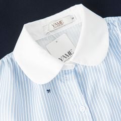 Áo sơ mi nữ dài tay màu kẻ xanh hoạ tiết nơ phối cổ và cửa tay trắng YAME YA612