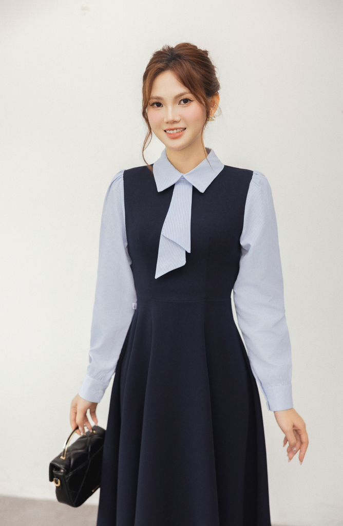 Váy nữ dáng dài màu xanh than phối sơ mi kẻ cổ đức dài tay nơ cổ cách điệu YAME YV595