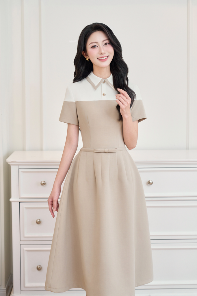 Váy nâu sữa phối trắng đính nơ eo YAME YV687