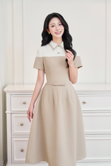 Váy nâu sữa phối trắng đính nơ eo YAME YV687