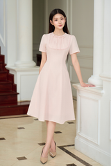 Váy nữ dài dáng xòe ngắn tay cổ tròn nhiều màu xếp ly ngực viền ren đính nơ trang trí YAME YV649