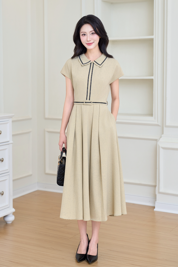 Váy nữ dáng A xoè nhẹ tay chờm vai cổ vạt nhọn viền đen tạo điểm nhấn kèm đai thắt eo YAME YV629