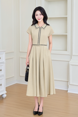 Váy nữ dáng A xoè nhẹ tay chờm vai cổ vạt nhọn viền đen tạo điểm nhấn kèm đai thắt eo YAME YV629