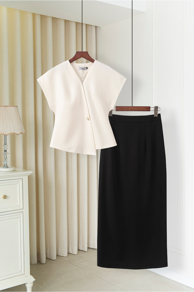 Áo nữ dáng peplum cổ V vạt lệch tay chờm vai nhiều màu đính cúc ngọc YAME AA182