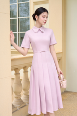Váy nữ dáng dài xếp ly màu hồng ngắn tay cổ vạt tròn đính cúc đá eo thắt đai nơ YAME YV634