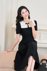 Váy đen dài cổ đắp phối ren trắng đính nơ đá YAME YV666