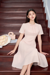 Váy nữ dài dáng xòe ngắn tay cổ tròn nhiều màu xếp ly ngực viền ren đính nơ trang trí YAME YV649