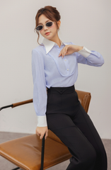 Áo sơ mi nữ dài tay kẻ xanh phối cổ và cửa tay trắng vạt vòm trước ngực cách điệu YAME YA604