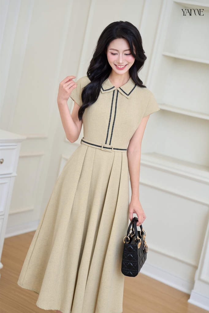 Váy nữ dáng A xoè nhẹ tay chờm vai cổ vạt nhọn viền đen tạo điểm nhấn kèm đai thắt eo YAME YV629