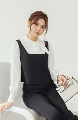 Áo nữ dáng yếm crop màu đen và xanh than phối sơ mi cổ nơ dài tay YAME YA606