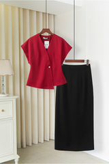 Áo nữ dáng peplum cổ V vạt lệch tay chờm vai nhiều màu đính cúc ngọc YAME AA182