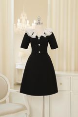 Váy nữ dáng A màu đen cổ bèo 3 lớp đính cúc đá trang trí vải tuyết mưa YAME YV350