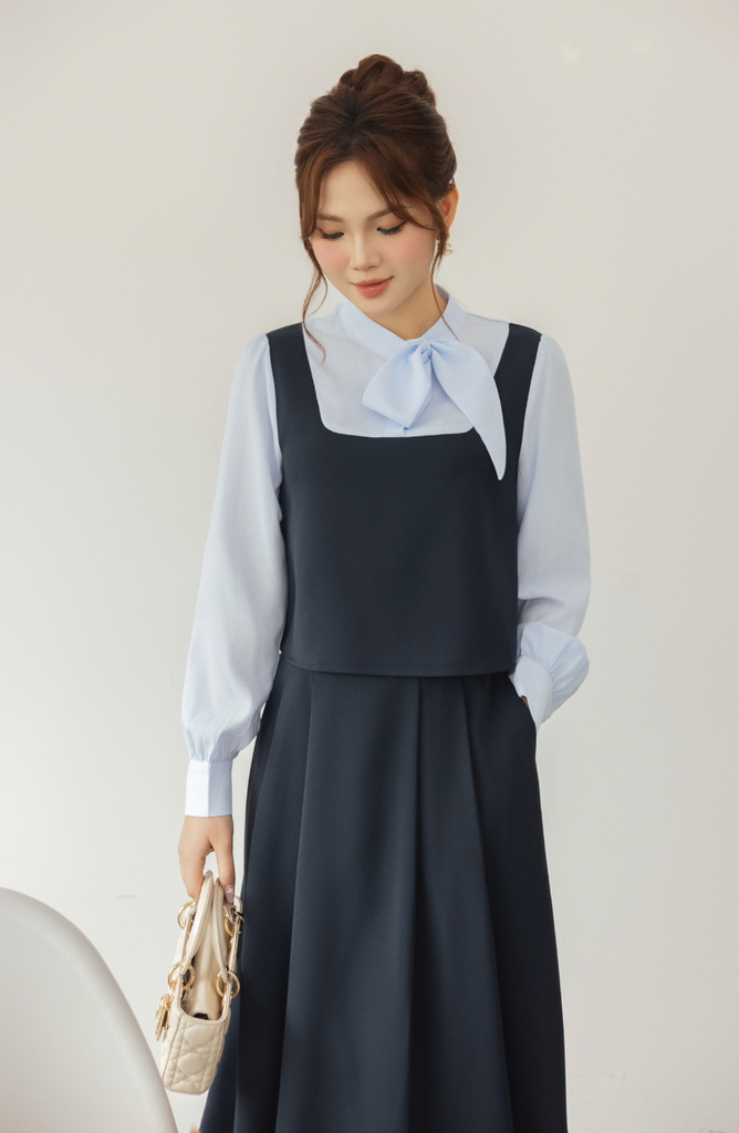 Áo nữ dáng yếm crop màu đen và xanh than phối sơ mi cổ nơ dài tay YAME YA606