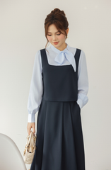 Áo nữ dáng yếm crop màu đen và xanh than phối sơ mi cổ nơ dài tay YAME YA606