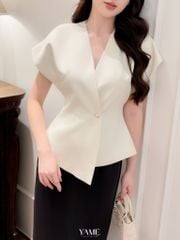 Set áo + chân vá nữ dáng peplum cổ V vạt lệch tay chờm vai màu trắng be đính cúc ngọc YAME AA182 ACV182