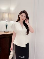 Set áo + chân vá nữ dáng peplum cổ V vạt lệch tay chờm vai màu trắng be đính cúc ngọc YAME AA182 ACV182