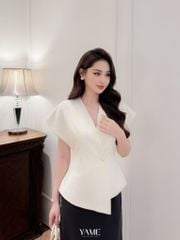 Set áo + chân vá nữ dáng peplum cổ V vạt lệch tay chờm vai màu trắng be đính cúc ngọc YAME AA182 ACV182