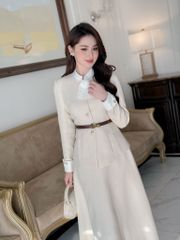 Set bộ Áo dài tay kèm Chân váy dáng A dạ hàn cao cấp màu be phối trắng YAME AS301