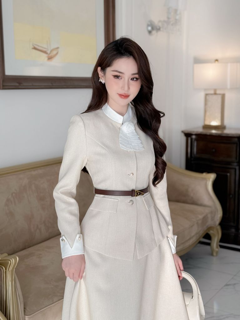 Set bộ Áo dài tay kèm Chân váy dáng A dạ hàn cao cấp màu be phối trắng YAME AS301