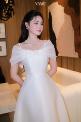 Váy nữ dáng xoè trễ vai điểm nhấn phần tơ đính đá phủ vai vải tafta YAME YV446