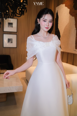 Váy nữ dáng xoè trễ vai điểm nhấn phần tơ đính đá phủ vai vải tafta YAME YV446