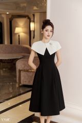 Váy nữ dáng xòe màu đen phối cổ trắng đắp vạt cài hoa đá sang trọng YAME YV263