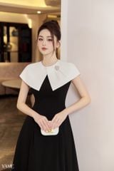 Váy nữ dáng xòe màu đen phối cổ trắng đắp vạt cài hoa đá sang trọng YAME YV263