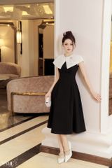 Váy nữ dáng xòe màu đen phối cổ trắng đắp vạt cài hoa đá sang trọng YAME YV263