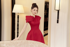 Váy nữ dáng A vải tafta cổ nơ xếp chờm vai cách điệu tiểu thư, sang trọng YAME YV265