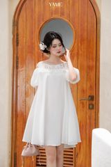 Váy nữ dáng suông freesize hai dây trễ vai tay bo chun đính ren nhún trang trí mặc hè YAME YV391
