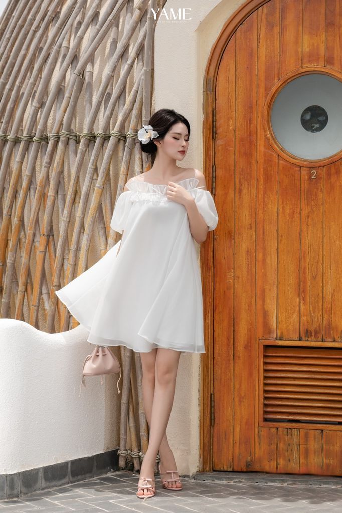 Váy nữ dáng suông freesize hai dây trễ vai tay bo chun đính ren nhún trang trí mặc hè YAME YV391