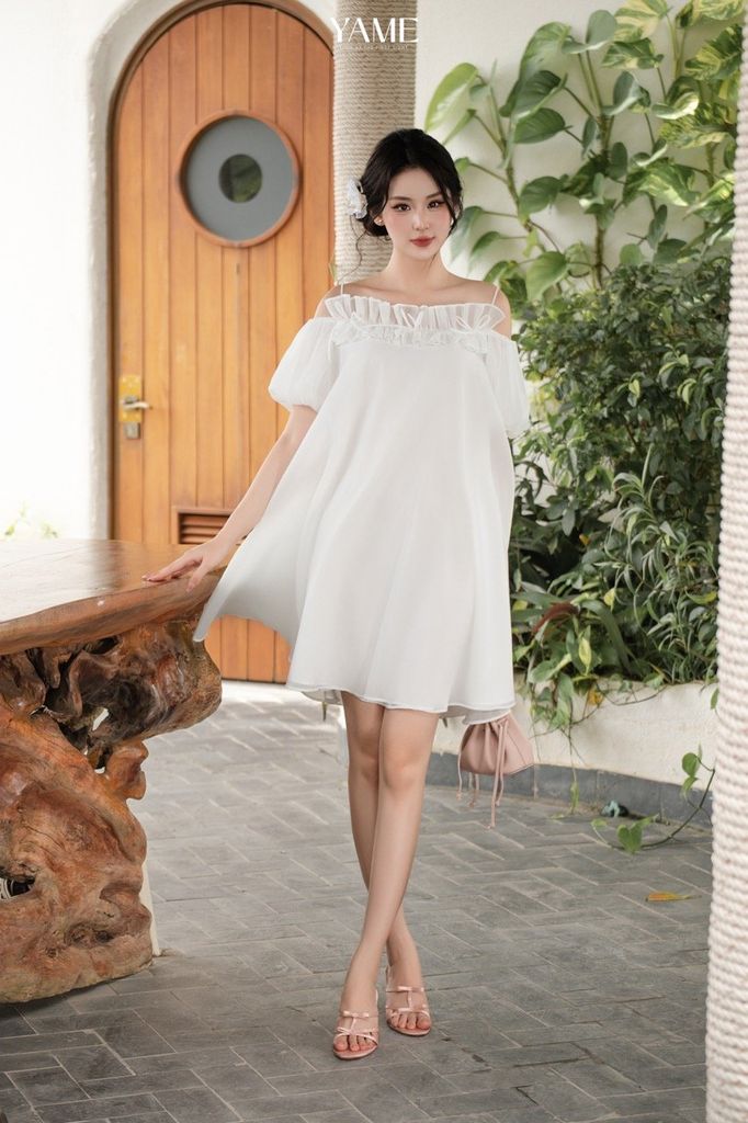 Váy nữ dáng suông freesize hai dây trễ vai tay bo chun đính ren nhún trang trí mặc hè YAME YV391